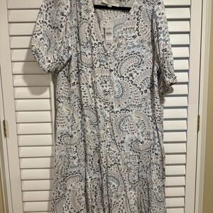 LOFT Black and White Puff Sleeve Midi Sundress